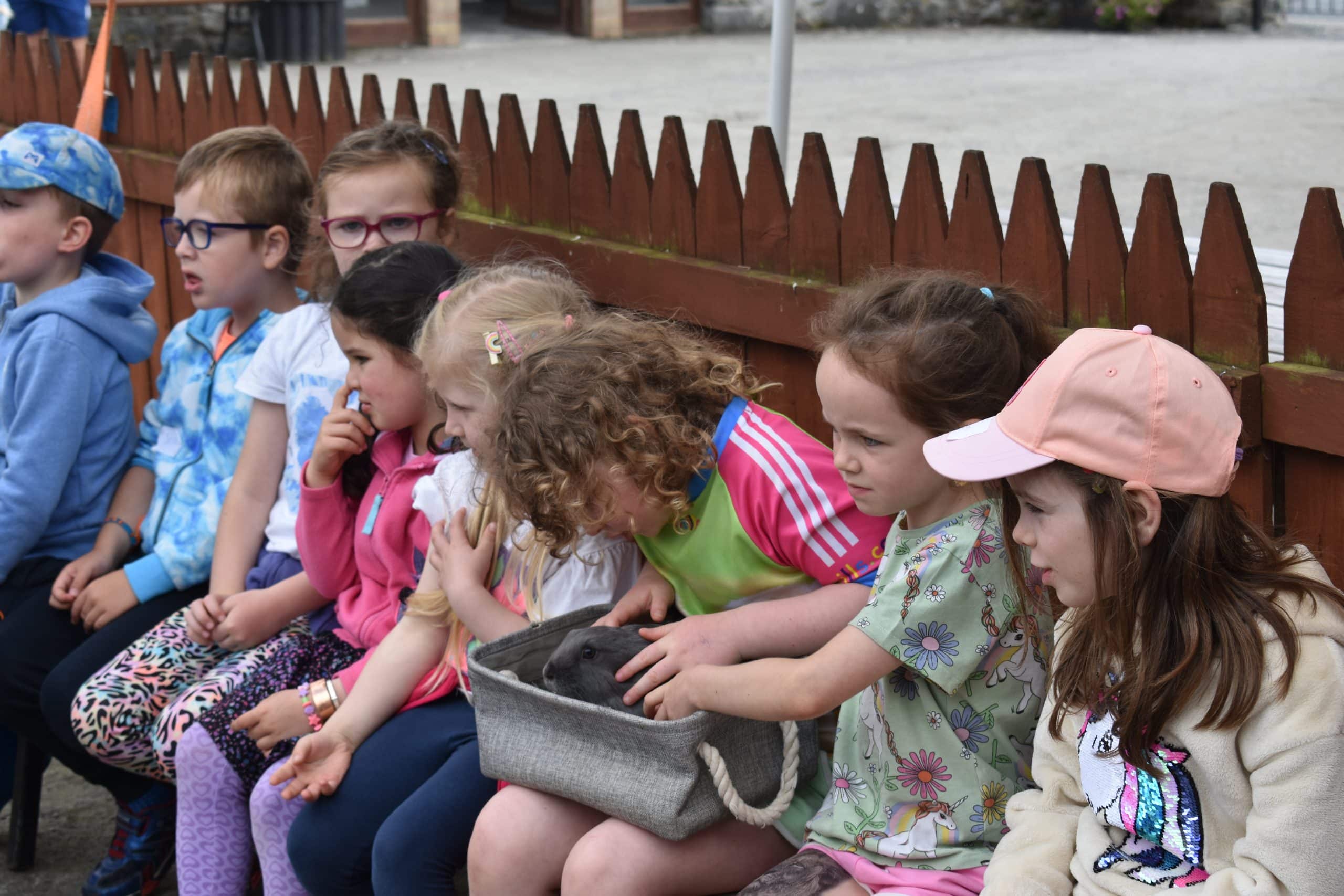 Group of children sitting down playing with a rabbit in a basket.