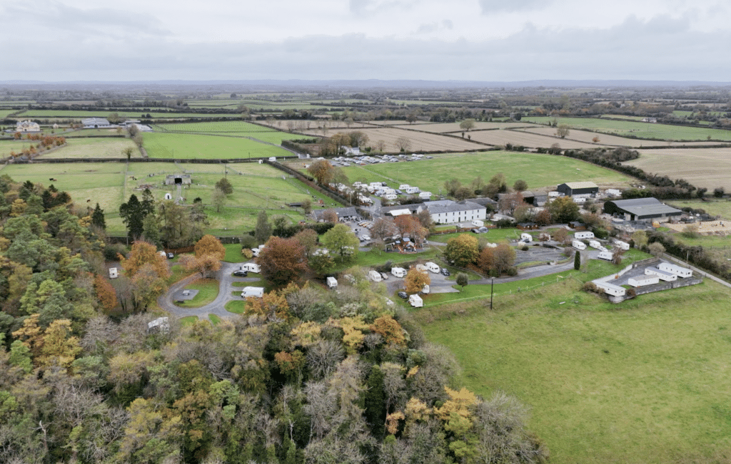 Ariel view of Nore Valley Park Farm and Campsite at Annamult, Bennettsbridge, Kilkenny